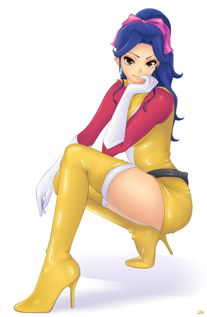 khalitzburg (user 2274420), oka megumi, choudenji machine voltes v, highres, 1970s (style), 1girl, blue hair, boots, bow, brown eyes, elbow gloves, female focus, gloves, hair bow, high heel boots, high heels, legs, long hair, miniskirt, oldschool, ponytail, retro artstyle, shoes, skirt, smile, solo, squatting, thigh boots, thighhighs