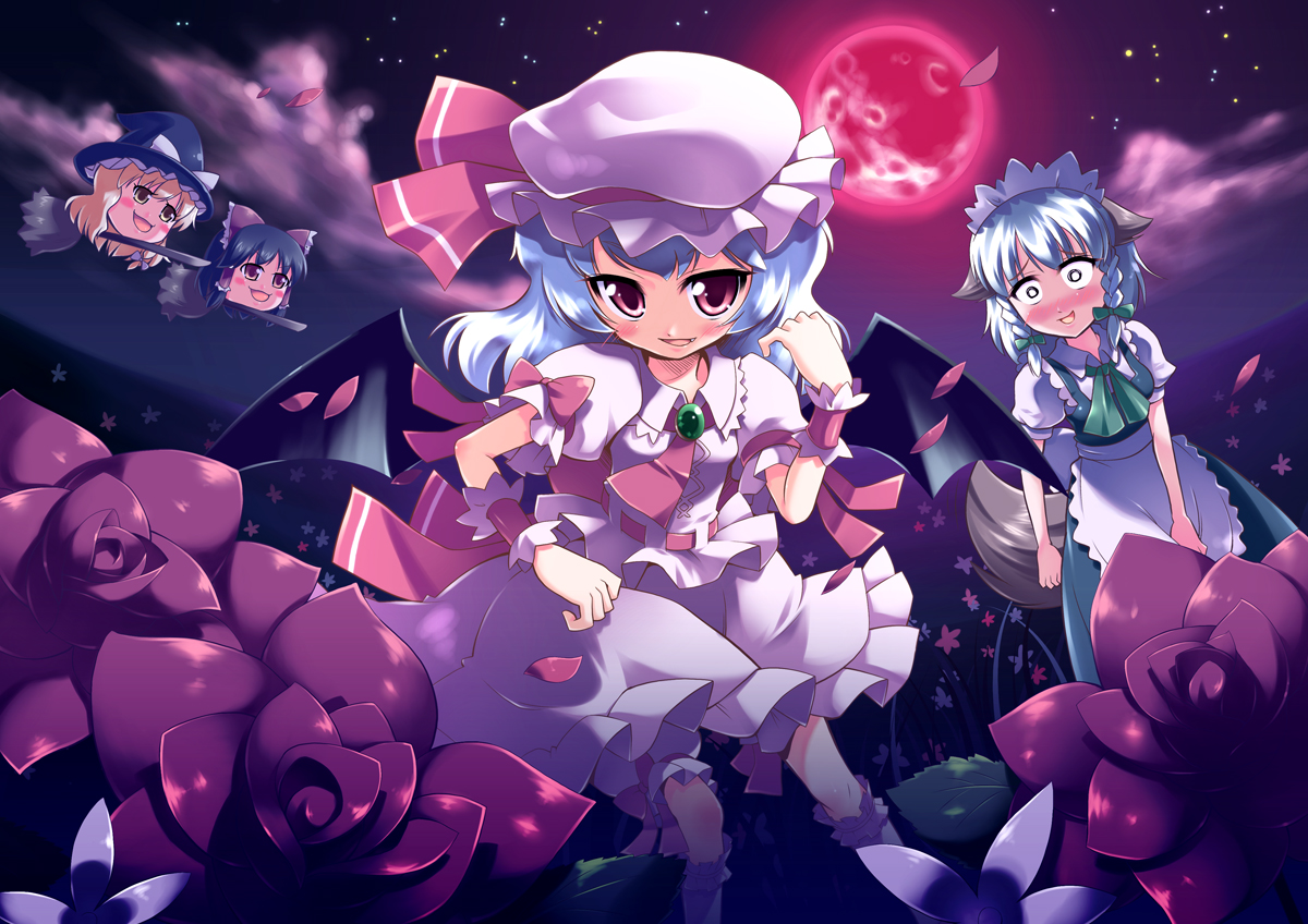 morujii, hakurei reimu, inu sakuya (nejikirio), izayoi sakuya, kirisame marisa, remilia scarlet, touhou, bad id, bad pixiv id, 2girls, animal ears, blush, dog ears, dog tail, female focus, flower, full moon, kemonomimi mode, moon, multiple girls, red moon, tail, yukkuri shiteitte ne