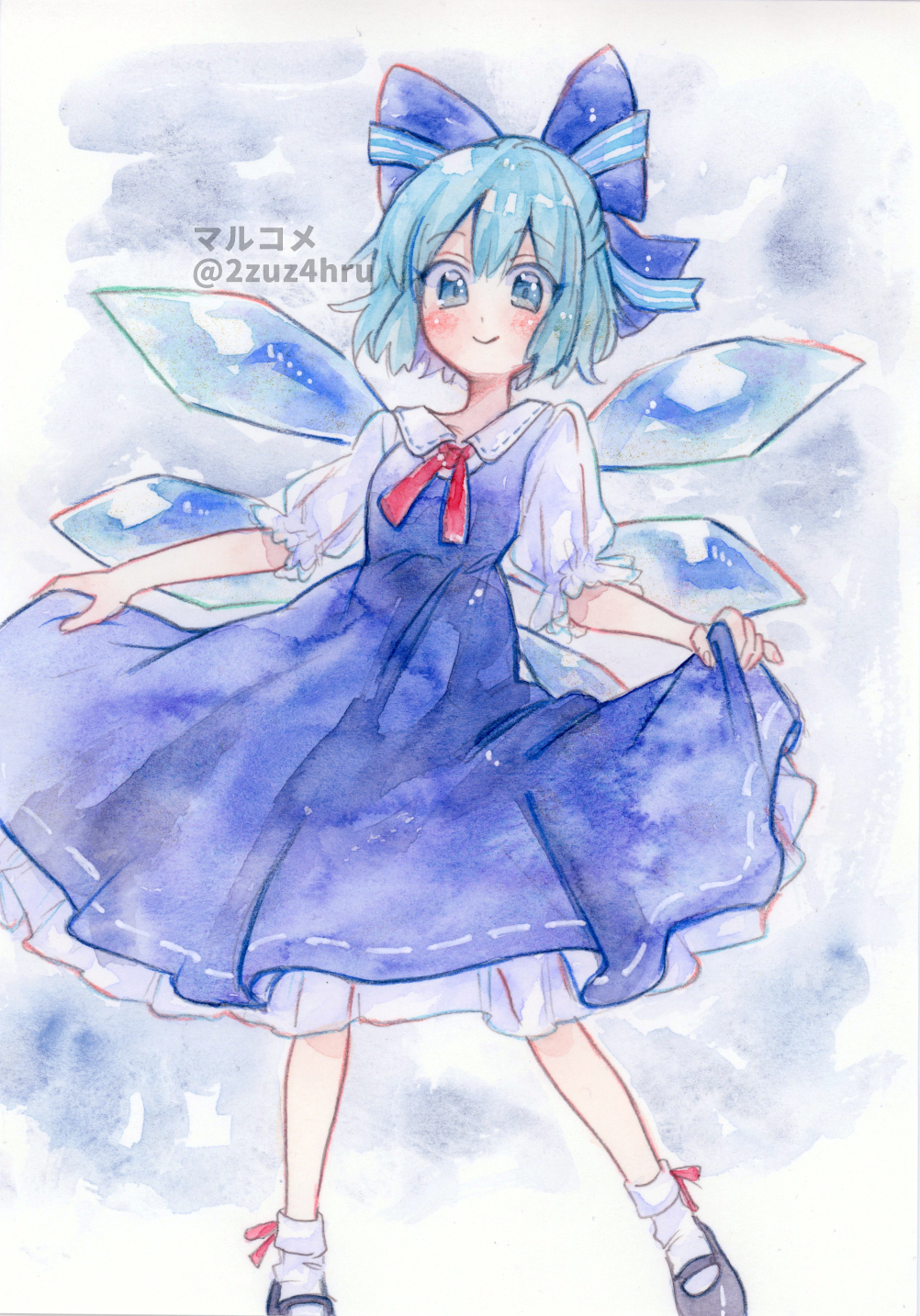2zuz4hru, cirno, touhou, commentary request, highres, painting (medium), partial commentary, traditional media, watercolor (medium), 1girl, blue bow, blue dress, blue eyes, blue hair, blush, bow, collared shirt, detached wings, dress, fairy, frilled sleeves, frills, hair bow, half updo, ice, ice wings, looking at viewer, multiple wings, neck ribbon, petticoat, pinafore dress, puffy short sleeves, puffy sleeves, red ribbon, ribbon, shirt, short hair, short sleeves, skirt hold, sleeveless, sleeveless dress, smile, socks, solo, twitter username, white socks, wings