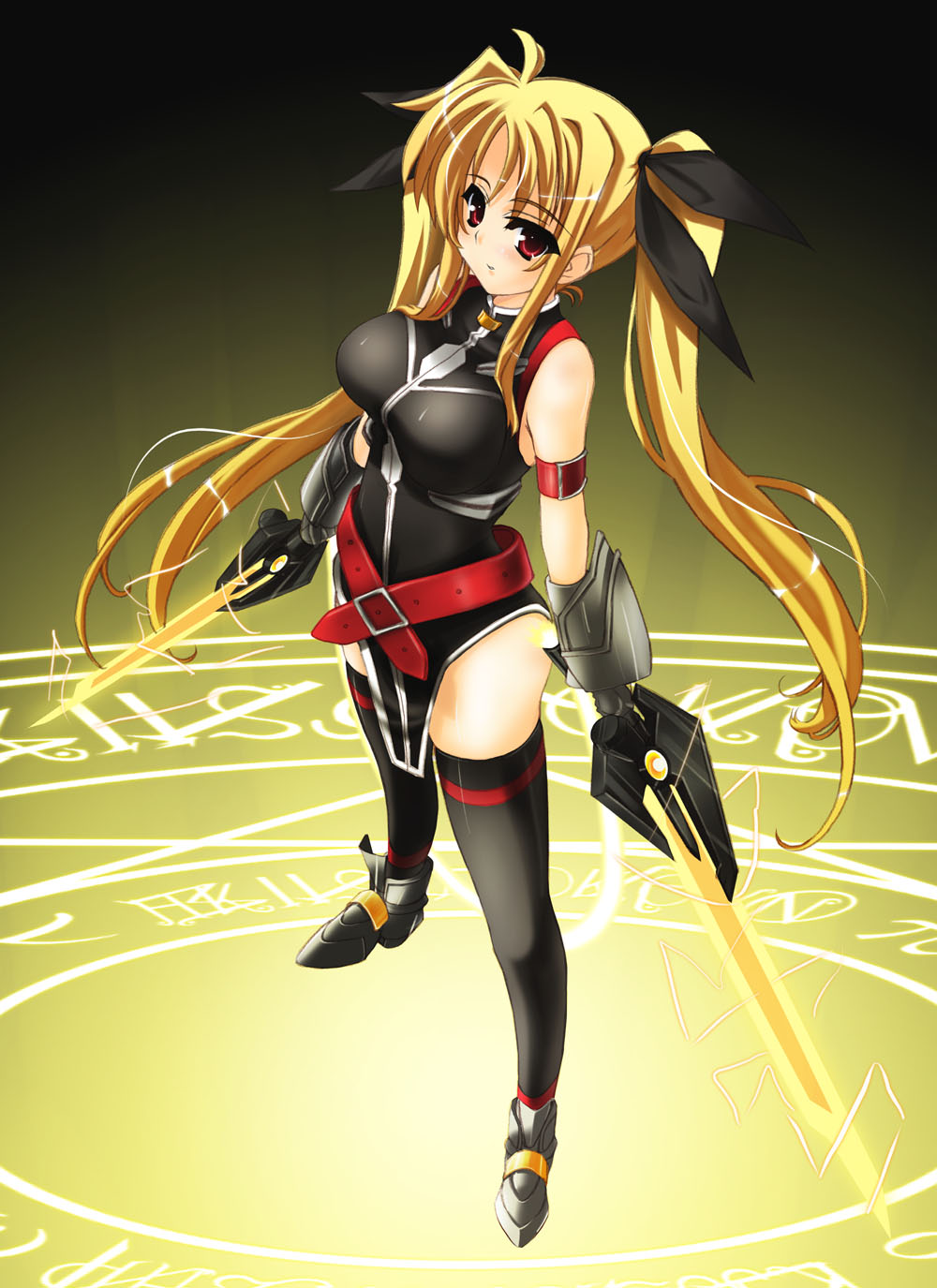 iga tamaki, bardiche (nanoha), bardiche (riot zanber stinger) (nanoha), fate testarossa, fate testarossa (true sonic form), lyrical nanoha, mahou shoujo lyrical nanoha, mahou shoujo lyrical nanoha strikers, highres, 00s, 1girl, energy sword, female focus, magic circle, solo, sword, thighhighs, twintails, weapon