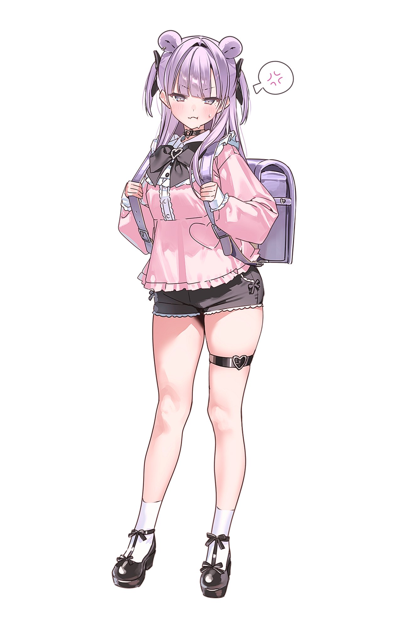 kuma 4go, original, highres, angry, animal ears, backpack, bag, bear ears, belt, black bow, black bowtie, blunt bangs, bow, bowtie, cardigan, dress, dress shoes, frills, full body, jirai kei, long hair, open cardigan, open clothes, pink shirt, purple dress, purple eyes, shirt, shorts, thigh belt, thigh strap