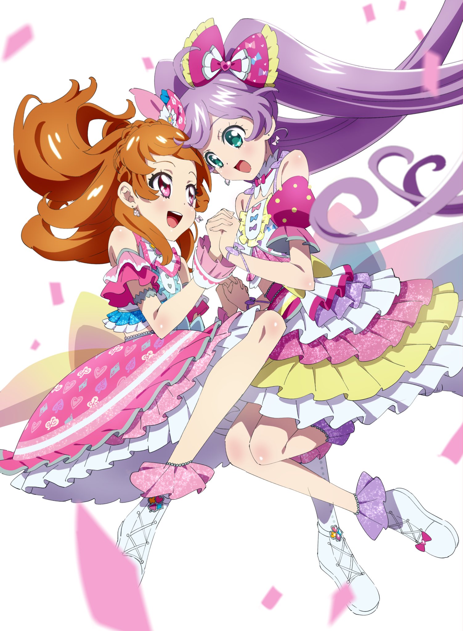 edamame (buruburu), aikatsu!, aikatsu! (series), pretty series, pripara, commentary, highres, 2girls, :d, aikatsu! x pripara the movie -deai no kiseki!-, bare shoulders, bow, braid, collar, confetti, crossover, detached collar, detached sleeves, dot nose, earrings, floating hair, frilled bow, frilled shirt, frilled skirt, frilled sleeves, frills, green eyes, hair bow, hands up, holding hands, idol, idol clothes, interlocked fingers, jewelry, jumping, layered skirt, light blush, long hair, looking at another, medium skirt, midriff, multicolored skirt, multiple girls, no pupils, open mouth, orange hair, pink bow, pink eyes, pink skirt, pink sleeves, print skirt, puffy short sleeves, puffy sleeves, purple bow, purple hair, shirt, shoes, short sleeves, skirt, sleeveless, sleeveless shirt, smile, straight hair, twintails, very long hair, white collar, white shirt, white shoes, white skirt, wrist bow, yellow skirt