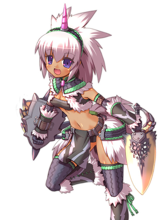 yukimura tsubame, capcom, monster hunter (series), 1girl, bandeau bikini, blue eyes, elbow gloves, female focus, gloves, hairband, horns, kirin (armor), knife, long hair, midriff, single horn, solo, sword, thighhighs, weapon, white hair
