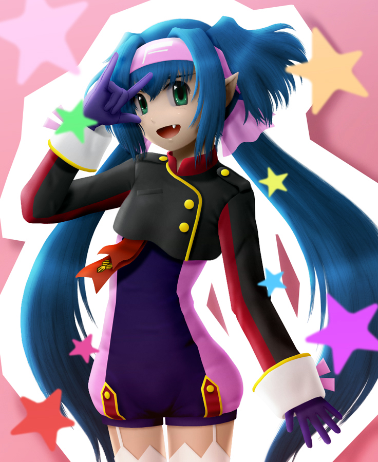 siraha, klan klein, macross, macross frontier, bad id, bad pixiv id, 00s, 1girl, :d, blue hair, buttons, cowboy shot, crop top, emblem, fang, female focus, flat chest, garter straps, gloves, green eyes, hand up, happy, headband, long hair, long sleeves, looking at viewer, m/, military, military uniform, open mouth, outline, pink background, pointy ears, quad tails, s.m.s., seikan hikou, sidelocks, sleeve cuffs, sleeves past wrists, smile, solo, star (symbol), thigh gap, thighhighs, turtleneck, unitard, very long hair, zettai ryouiki