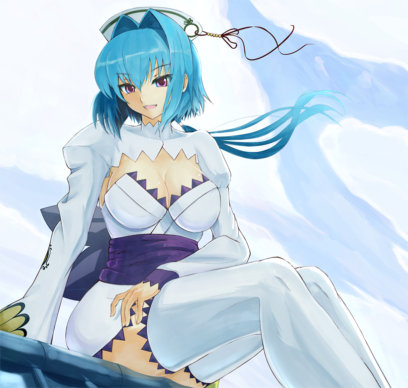 shinneko, chouun (koihime musou), koihime musou, bad id, bad pixiv id, 00s, 1girl, blue hair, breasts, cleavage, female focus, hat, large breasts, purple eyes, solo, thighhighs