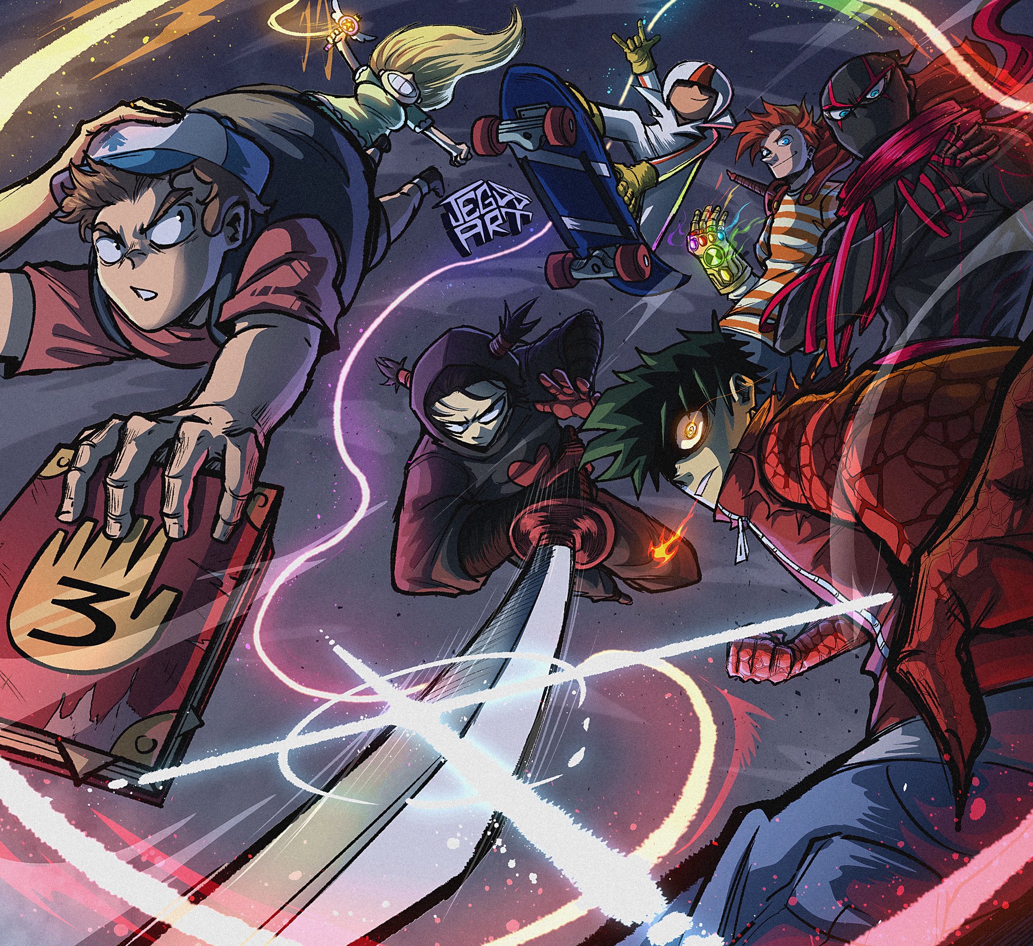 jegssart, dipper pines, garu (pucca), jake long, kick buttowski (character), phineas flynn, star butterfly, american dragon jake long, ben 10, gravity falls, kick buttowski, marvel, phineas and ferb, pucca (cartoon), star vs the forces of evil, commentary, highres, m/, alternate breast size (larger), artist name, baseball cap, black vest, blonde hair, blue eyes, book, breasts, brown hair, cape, clenched hand, company connection, crossover, dress, fire, flaming eye, gauntlets, gloves, green dress, green hair, grin, hair through hood, hand on own head, hat, helmet, holding, holding book, holding sword, holding wand, holding weapon, infinity gauntlet, jacket, katana, large breasts, mask, multiple crossover, omnitrix, orange eyes, orange hair, outstretched arms, perspective, randy cunningham, randy cunningham: 9th grade ninja, red cape, red jacket, red scarf, scarf, shirt, short twintails, single gauntlet, skateboard, skateboarding, smile, striped clothes, striped shirt, sword, torn clothes, twintails, vest, wand, weapon, white cape, white helmet, yellow gloves