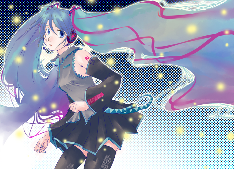 shinma misa, hatsune miku, vocaloid, blue eyes, blue hair, detached sleeves, headset, long hair, necktie, skirt, solo, thighhighs, twintails, very long hair