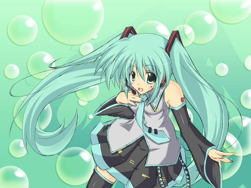 plus9, hatsune miku, vocaloid, bad id, bad pixiv id, aqua eyes, aqua hair, bubble, detached sleeves, headset, long hair, necktie, skirt, solo, thighhighs, twintails