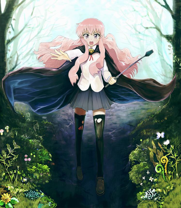 shinneko, louise francoise le blanc de la valliere, zero no tsukaima, bad id, bad pixiv id, 00s, 1girl, cape, female focus, holding, holding riding crop, long hair, nature, pentacle, pink eyes, pink hair, riding crop, skirt, solo, thighhighs, torn clothes, torn thighhighs, whip, zettai ryouiki