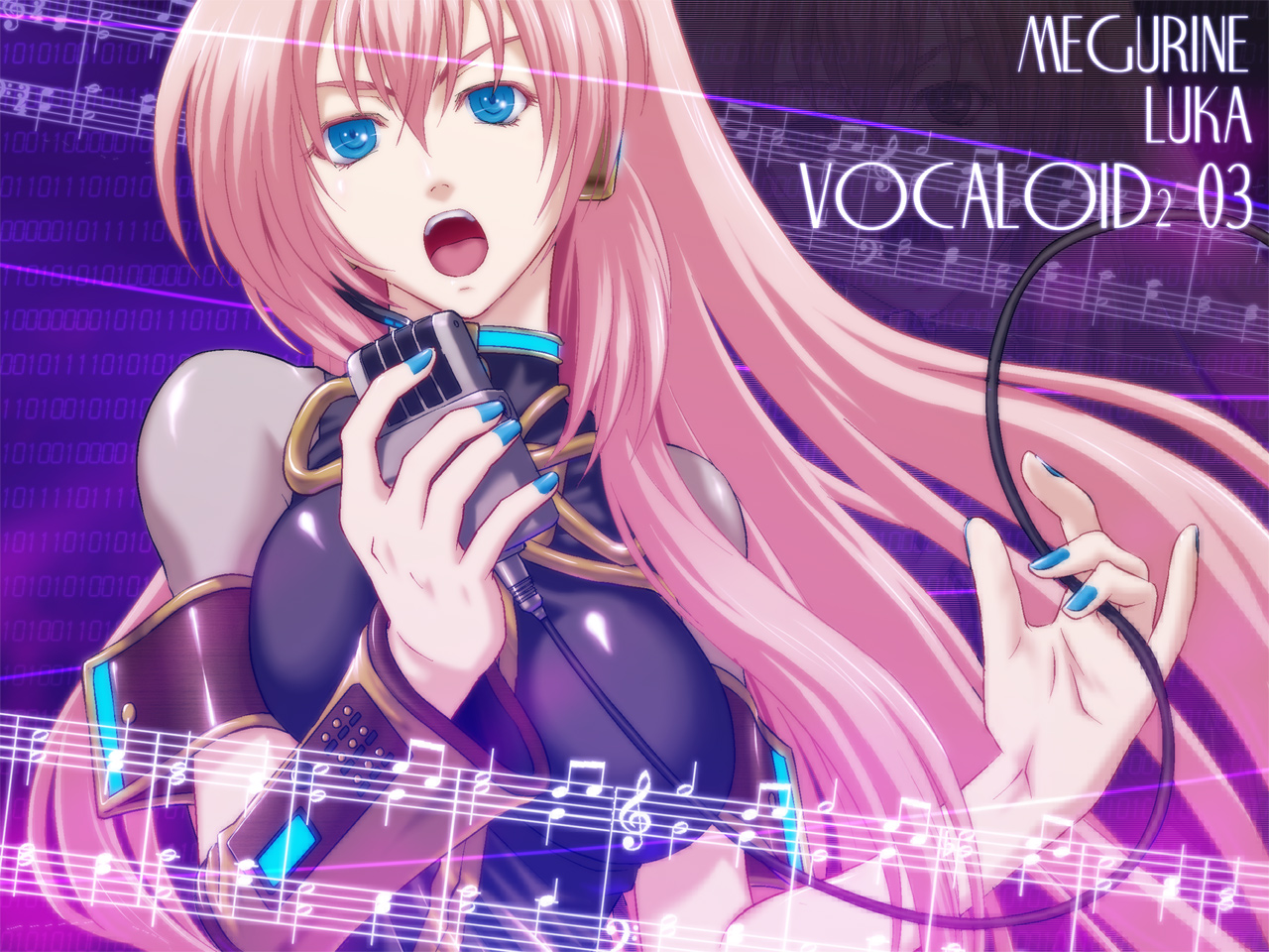 iga tomoteru, megurine luka, vocaloid, 1girl, bass clef, beamed quavers, blue nails, female focus, flat sign, long hair, microphone, music, musical note, musical staff, nail polish, pink hair, singing, solo, treble clef