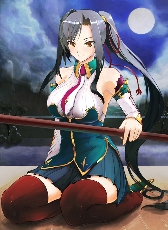 shinneko, kan'u (koihime musou), koihime musou, bad id, bad pixiv id, 00s, black hair, detached sleeves, feet, long hair, moon, ponytail, solo, thighhighs, yellow eyes, zettai ryouiki