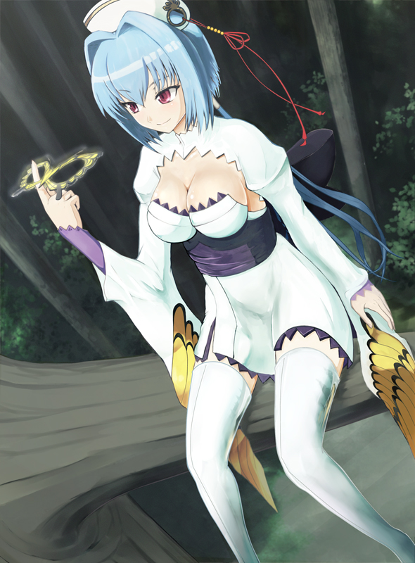 shinneko, chouun (koihime musou), koihime musou, bad id, bad pixiv id, 00s, 1girl, blue hair, breasts, cleavage, female focus, hat, large breasts, red eyes, solo, thighhighs, zettai ryouiki