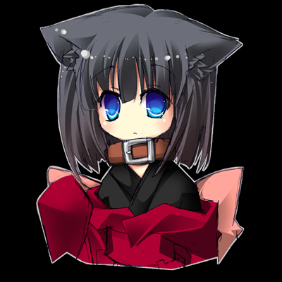 original, commentary request, lowres, 1girl, 2000s (style), animal ears, belt collar, black background, black hair, black kimono, blush, cat ears, cat girl, chibi, chibi only, closed mouth, collar, expressionless, japanese clothes, kimono, long hair, looking at viewer, red eyes, shii (ceray), simple background, solo, upper body