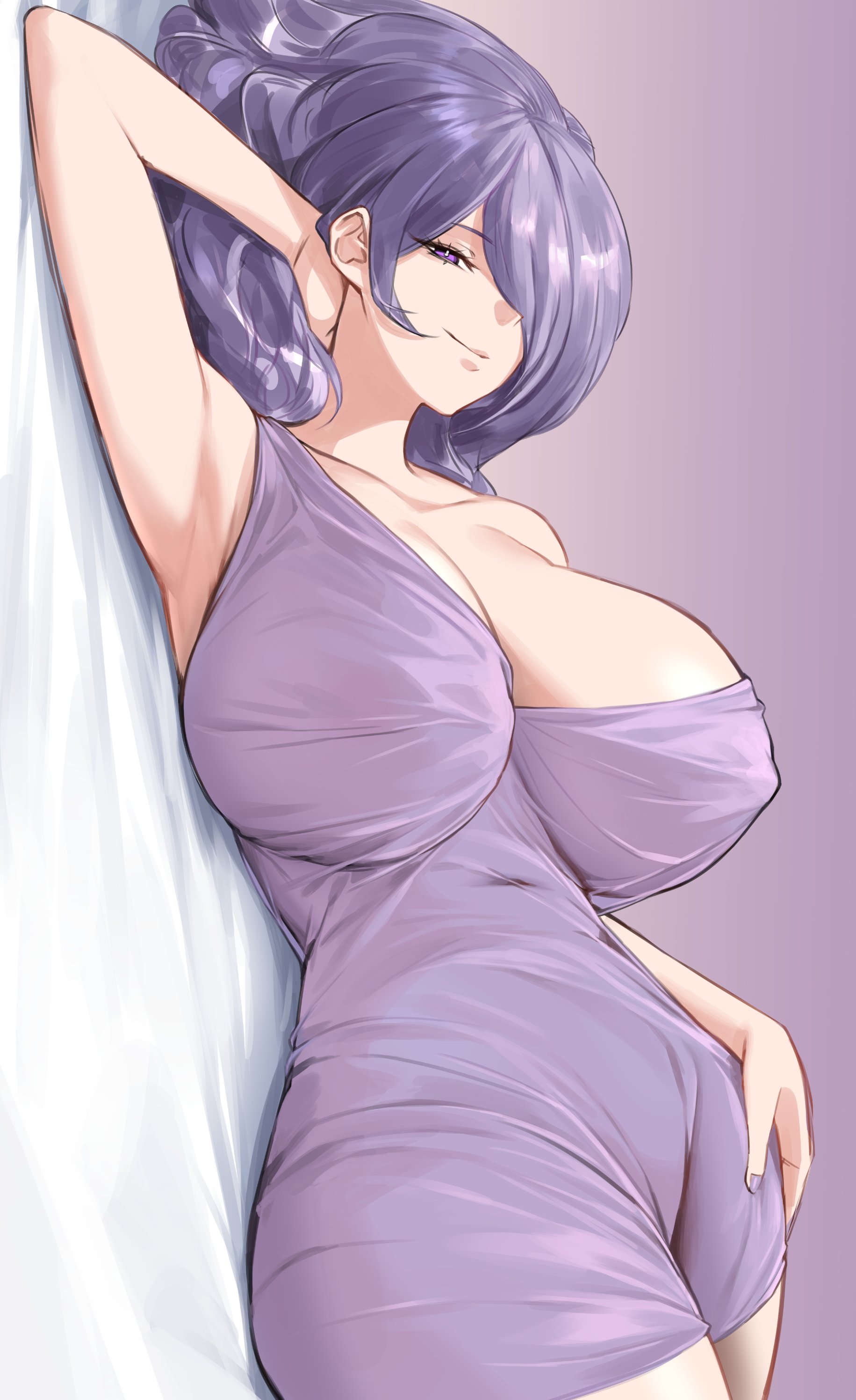 shou illust, camilla (fire emblem), fire emblem, fire emblem fates, nintendo, absurdres, highres, 1girl, arm behind head, arm up, armpits, bed, breasts, cleavage, closed mouth, dress, hand on own hip, huge breasts, long hair, looking at viewer, lying, nail polish, navel, on bed, purple dress, purple eyes, purple hair, purple nails, short dress, sideways, smile, solo, tight clothes, tight dress, wide hips