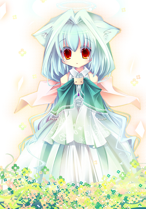 original, commentary request, 1girl, 2000s (style), animal ears, blue dress, blue hair, blush, cat ears, cat girl, closed mouth, clothing cutout, dress, expressionless, flower, full body, green flower, green sleeves, hair intakes, long sleeves, looking at viewer, medium hair, orange eyes, shii (ceray), shoulder cutout, sleeves past fingers, sleeves past wrists, solo, yellow background