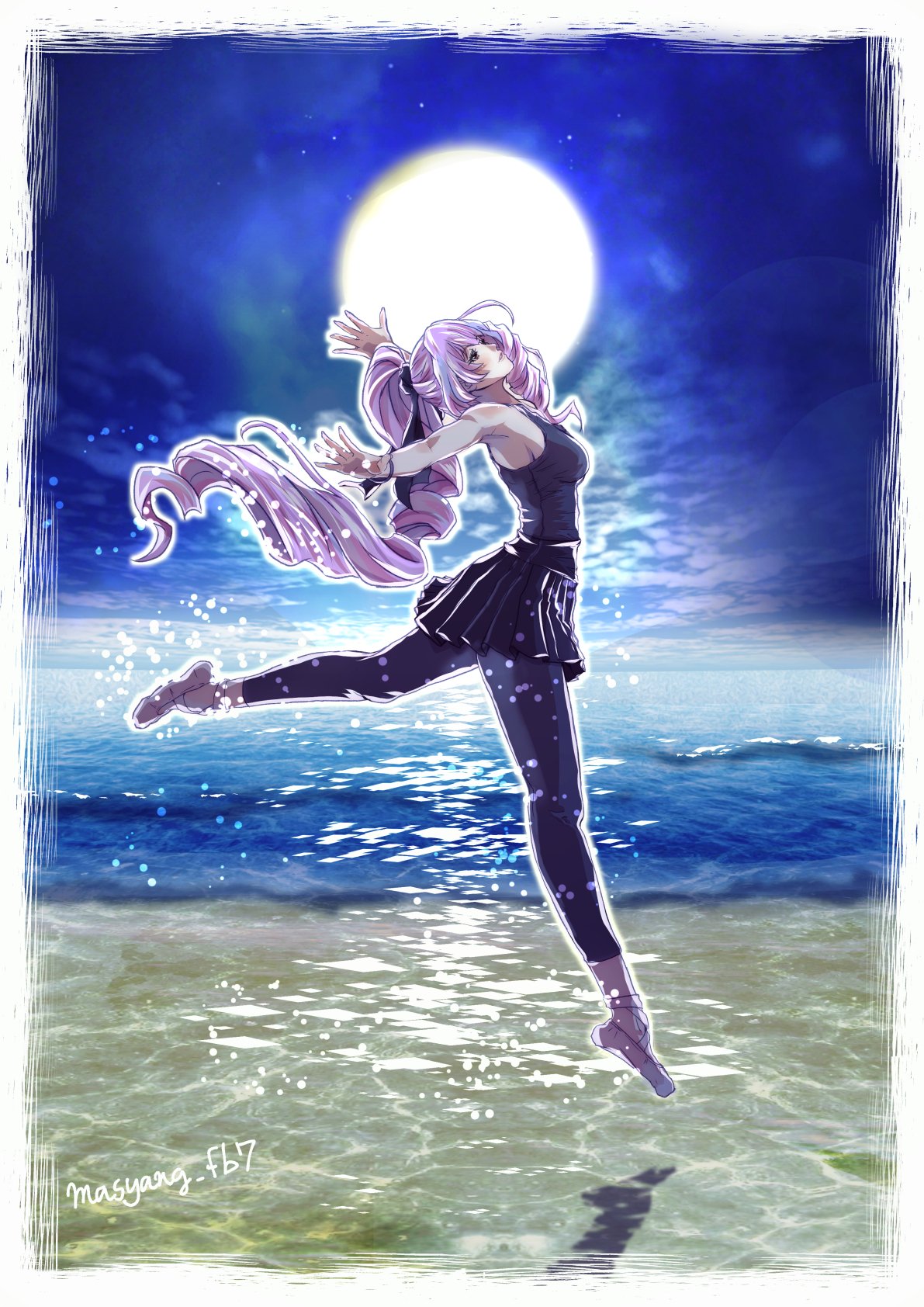 ryu (masu nantoka-san), mikumo guynemer, macross, macross delta, highres, 1girl, artist name, bare shoulders, beach, black ribbon, black shirt, black skirt, border, breasts, curly hair, dancing, full body, full moon, hair ribbon, long hair, medium breasts, moon, night, night sky, outstretched arms, ponytail, purple hair, ribbon, shirt, sideboob, skirt, sky, solo, white border