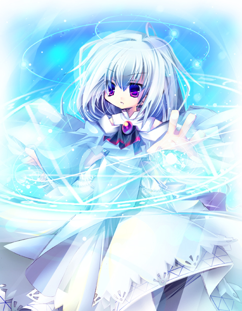 original, commentary request, 1girl, 2000s (style), ascot, black ascot, blue background, brooch, cowboy shot, dress, jewelry, long hair, looking afar, magic, magic circle, open mouth, outstretched arms, purple eyes, shii (ceray), solo, spread arms, v-shaped eyebrows, white dress, white hair