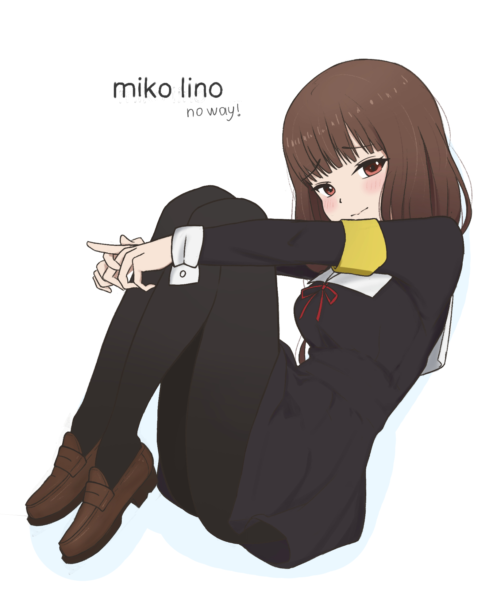 andreypavlow, iino miko, kaguya-sama wa kokurasetai ~tensai-tachi no renai zunousen~, highres, 1girl, black dress, blunt bangs, blush, breasts, brown eyes, brown hair, brown shoes, closed mouth, dress, from side, long hair, long sleeves, looking at viewer, low twintails, medium breasts, red ribbon, ribbon, school uniform, shoes, shuuchiin academy school uniform, simple background, solo, twintails, white background