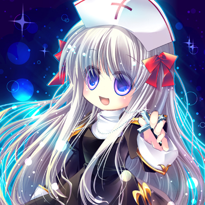 priest (ragnarok online), ragnarok online, commentary request, lowres, 1girl, 2000s (style), :d, black dress, blue background, bow, cross, cross necklace, dress, grey hair, hair bow, hat, holding, holding cross, holding jewelry, holding necklace, jewelry, juliet sleeves, long hair, long sleeves, looking at viewer, necklace, nurse cap, open mouth, puffy sleeves, red bow, shii (ceray), smile, solo, upper body, very long hair, white hat