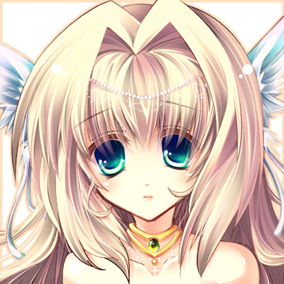 original, commentary request, lowres, 1girl, 2000s (style), blonde hair, blue wings, blush, closed mouth, collarbone, expressionless, feathered wings, gold necklace, green eyes, hair intakes, head wings, jewelry, long hair, looking at viewer, necklace, portrait, shii (ceray), solo, wings
