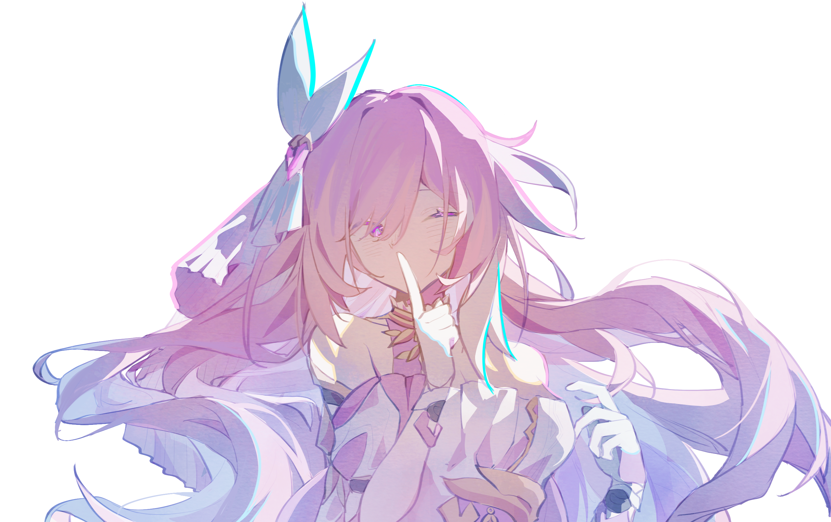 maria44973, elysia (herrscher of human: ego) (honkai impact), elysia (honkai impact), honkai (series), honkai impact 3rd, chinese commentary, commentary request, highres, 1girl, ;), bare shoulders, breasts, corset, diamond-shaped pupils, diamond (shape), finger to mouth, gloves, hair ornament, large breasts, long hair, looking at viewer, one eye closed, pink hair, purple eyes, shushing, simple background, smile, solo, symbol-shaped pupils, very long hair, white background, white corset, white gloves