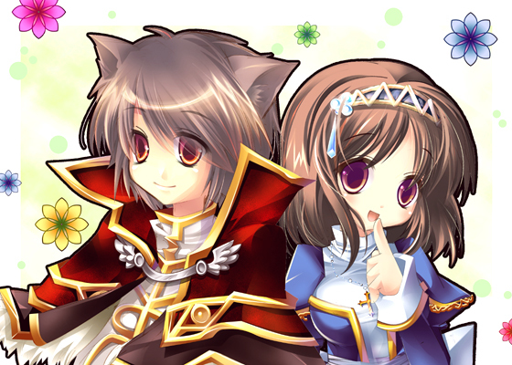high priest (ragnarok online), high wizard (ragnarok online), ragnarok online, 1boy, 1girl, 2000s (style), alternate color, animal ears, blue dress, blue hairband, blush, breasts, brown hair, capelet, cat boy, cat ears, closed mouth, cross, cross necklace, dress, floral background, fur-trimmed capelet, fur trim, hairband, index finger raised, jewelry, juliet sleeves, long sleeves, looking at viewer, medium breasts, necklace, open mouth, orange eyes, pearl hair ornament, puffy sleeves, purple eyes, red capelet, shii (ceray), shirt, short hair, smile, two-tone dress, upper body, white background, white dress, white shirt
