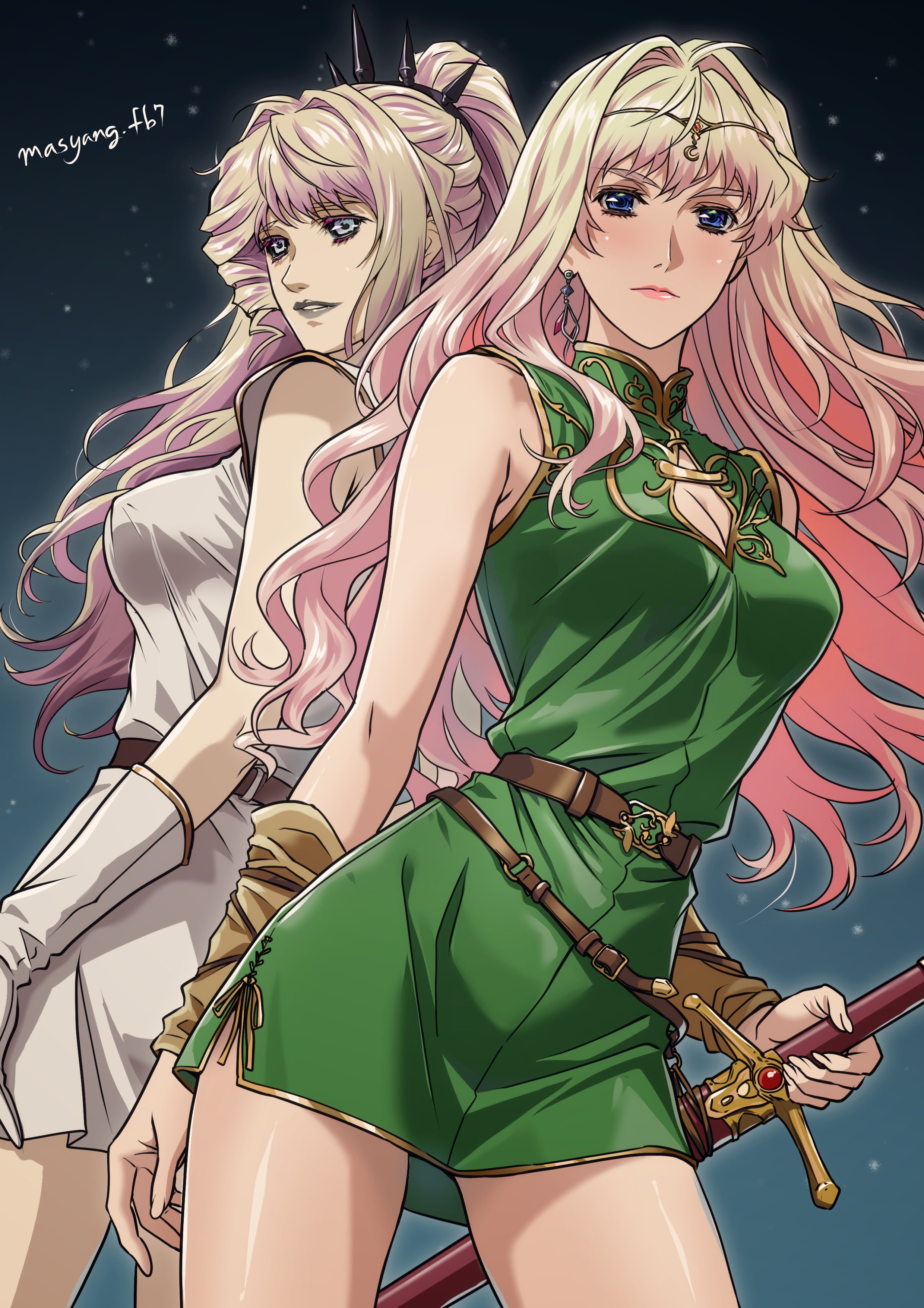 ryu (masu nantoka-san), sheryl nome, macross, macross delta, macross frontier, absurdres, highres, 2girls, artist name, back-to-back, bare shoulders, blonde hair, blue eyes, breasts, china dress, chinese clothes, cleavage, cleavage cutout, closed mouth, clothing cutout, cowboy shot, detached sleeves, dress, gloves, gold trim, green dress, hair intakes, holding, holding sword, holding weapon, long hair, medium breasts, multiple girls, parted lips, ponytail, short dress, sword, weapon, white dress, white gloves, yami sheryl