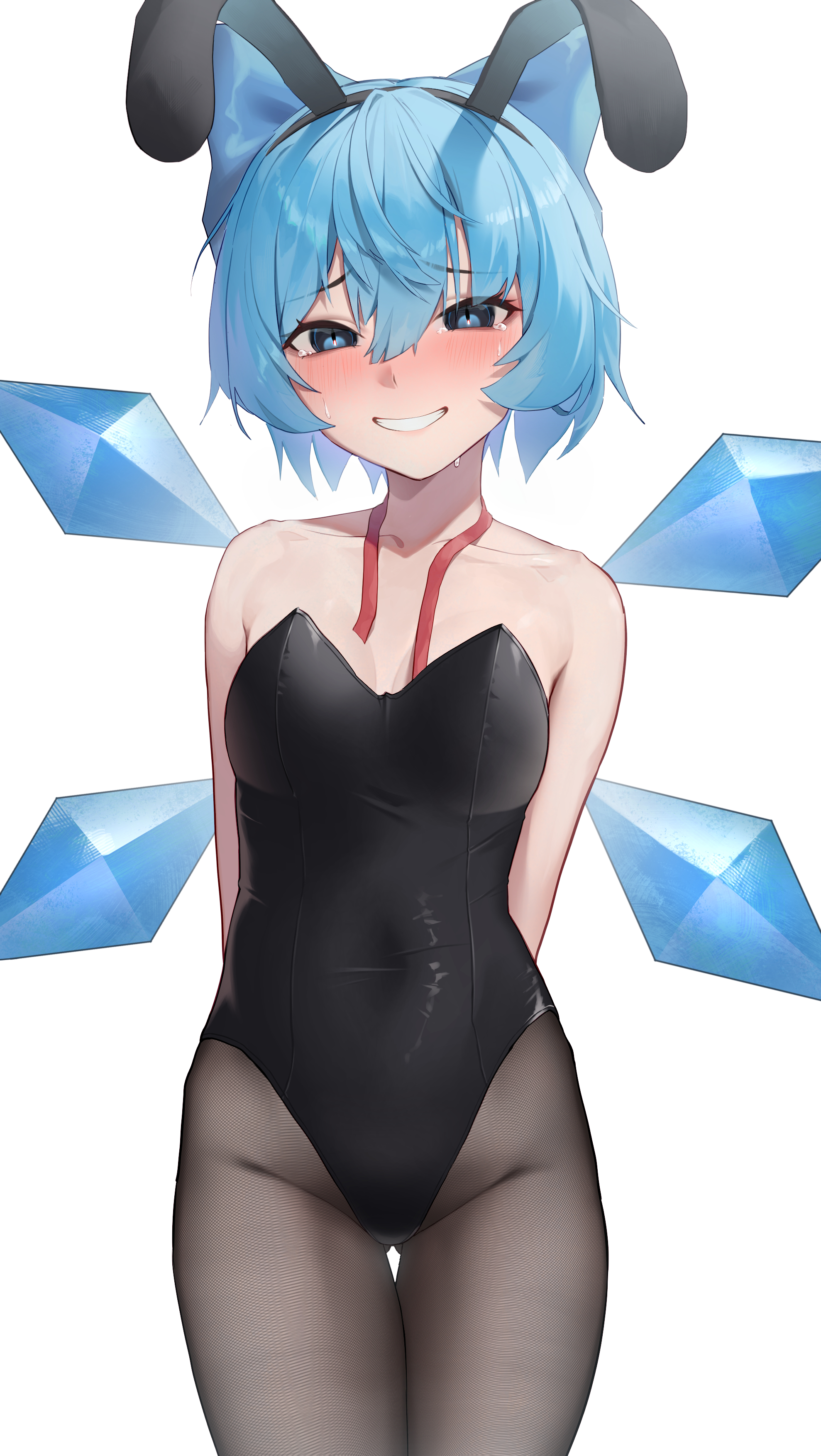 toriare (lyyj0nzq5zhzanl), cirno, touhou, absurdres, commentary request, highres, 1girl, alternate costume, animal ear hairband, animal ears, arms behind back, bare arms, black hiphighs, black leotard, blue bow, blue eyes, blue hair, blush, bow, breasts, collarbone, cowboy shot, detached wings, fairy, fake animal ears, gluteal fold, grin, groin, hair between eyes, hair bow, hairband, highleg, highleg leotard, hiphighs, ice, ice wings, leotard, looking at viewer, multiple wings, neck ribbon, nose blush, playboy bunny, rabbit ear hairband, rabbit ears, red ribbon, ribbon, short hair, simple background, small breasts, smile, solo, strapless, strapless leotard, sweat, tears, thigh gap, undone neck ribbon, white background, wings