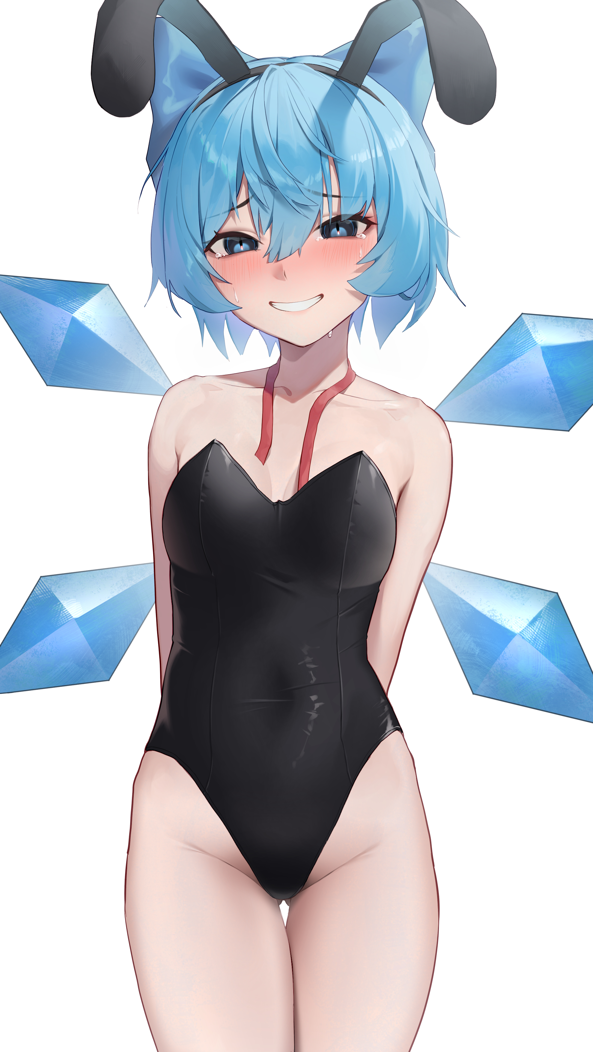 toriare (lyyj0nzq5zhzanl), cirno, touhou, absurdres, commentary request, highres, 1girl, alternate costume, animal ear hairband, animal ears, arms behind back, bare arms, bare legs, black leotard, blue bow, blue eyes, blue hair, blush, bow, breasts, collarbone, cowboy shot, detached wings, fairy, fake animal ears, gluteal fold, grin, groin, hair between eyes, hair bow, hairband, highleg, highleg leotard, ice, ice wings, leotard, looking at viewer, multiple wings, neck ribbon, nose blush, playboy bunny, rabbit ear hairband, rabbit ears, red ribbon, ribbon, short hair, simple background, small breasts, smile, solo, strapless, strapless leotard, sweat, tears, thigh gap, undone neck ribbon, white background, wings