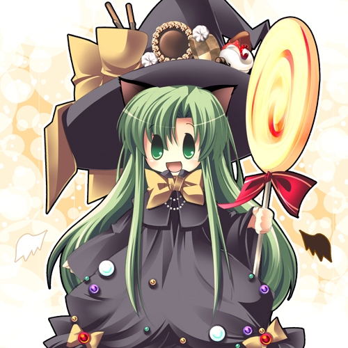 original, commentary request, lowres, 1girl, 2000s (style), :d, black dress, black hat, bow, bowtie, candy, checkerboard cookie, cookie, cowboy shot, dress, food, fruit, green eyes, green hair, hat, lollipop, long hair, long sleeves, looking at viewer, open mouth, oversized food, oversized object, red bow, shii (ceray), sidelocks, smile, solo, strawberry, swirl lollipop, very long hair, wafer stick, witch, witch hat, yellow background, yellow bow, yellow bowtie