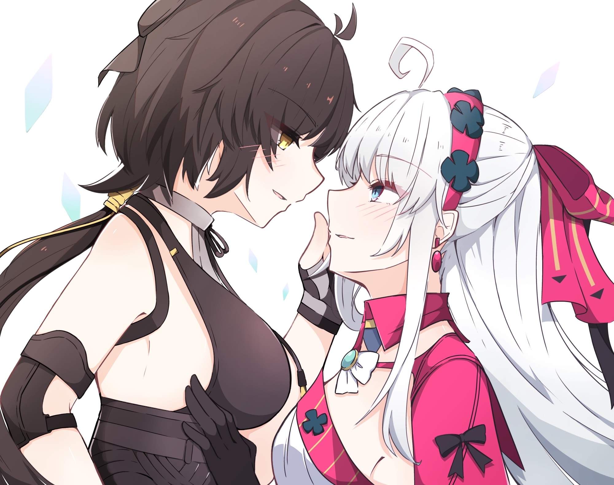 zero 3b, carlotta (wuthering waves), female rover (wuthering waves), rover (wuthering waves), wuthering waves, commentary, highres, 2girls, aqua eyes, bare shoulders, black bow, black dress, black gloves, black hair, bow, breasts, dress, earrings, elbow pads, eye contact, gloves, hair bow, hairband, hand on another's face, jacket, jewelry, long hair, looking at another, low ponytail, medium breasts, multiple girls, parted lips, pink bow, pink hairband, pink jacket, ponytail, sideways mouth, simple background, striped bow, white background, white hair, yellow eyes, yuri