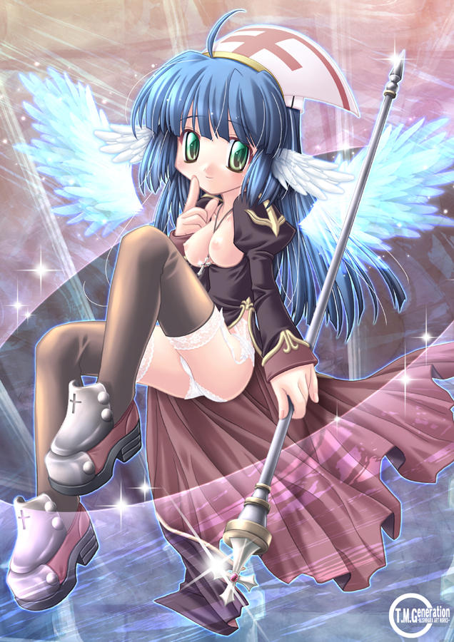 ragnarok online, tagme, angel wings, blue hair, breasts, cross, green eyes, priest, staff, wings