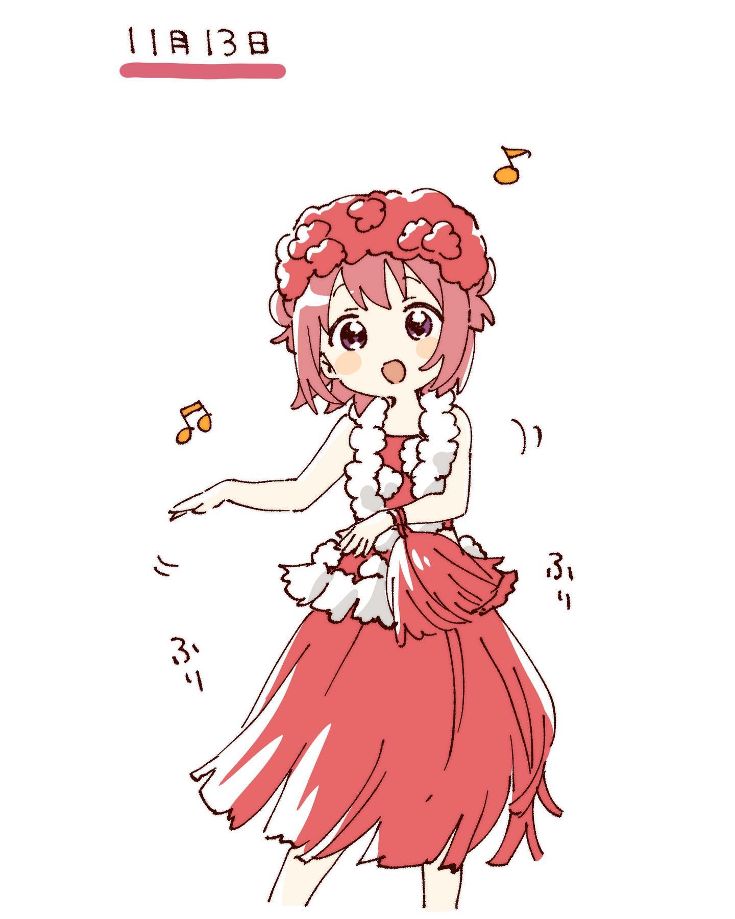 namori, akaza akari, yuruyuri, hashtag-only commentary, highres, 1girl, :d, bare shoulders, blush stickers, cropped legs, double bun, dress, hair bun, hat, looking at viewer, musical note, open mouth, purple eyes, red dress, red hair, red hat, short hair, simple background, sleeveless, sleeveless dress, smile, solo, standing, white background