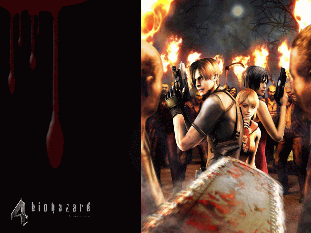 ada wong, ashley graham, ganado, leon s. kennedy, capcom, resident evil, resident evil 4, bad tag, official art, 2girls, 6+boys, chainsaw, fn five-seven, gun, h&k usp, handgun, laser sight, multiple boys, multiple girls, night, pdw-caliber pistol, ruger p, s&w sd, s&w sigma, silver ghost, survival horror, weapon