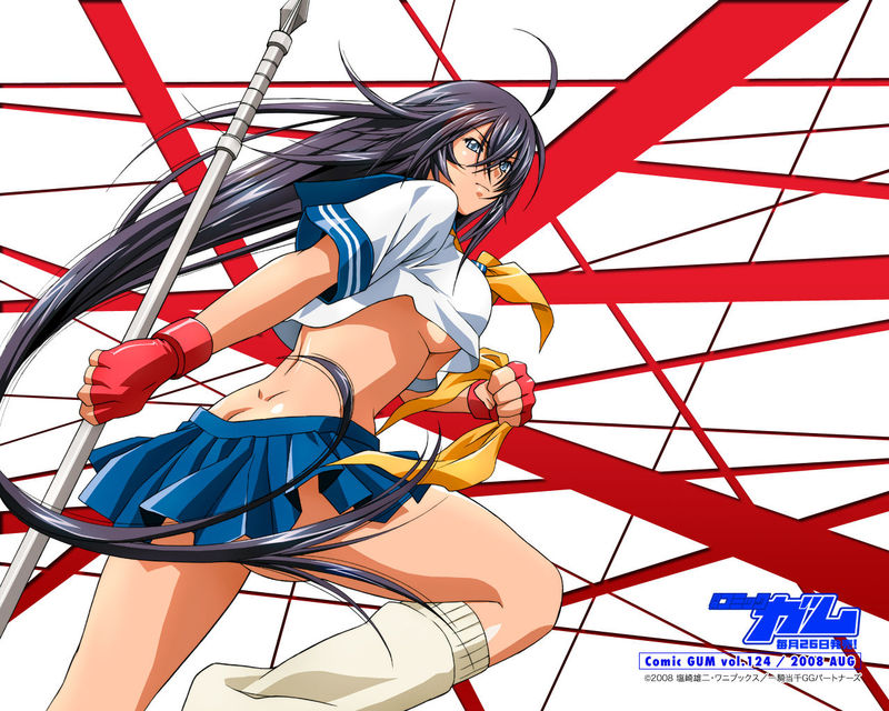 kan'u unchou, ikkitousen, 00s, 1girl, blue eyes, breasts, butt crack, dimples of venus, female focus, fingerless gloves, gloves, leg warmers, long hair, loose socks, medium breasts, purple hair, running, socks, solo, underboob, very long hair