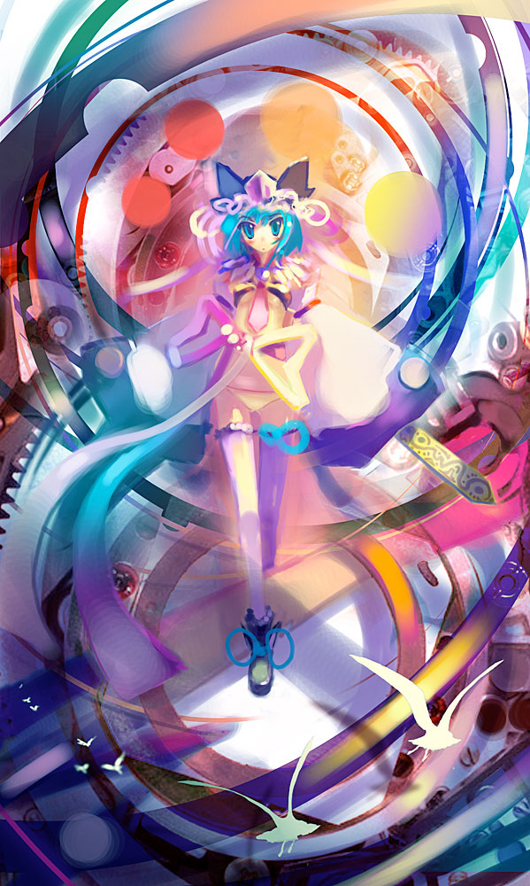 tanaka ken'ichi, shiki eiki, touhou, 1girl, alternate costume, asymmetrical clothes, bird, female focus, gears, hat, long sleeves, necktie, panties, ribbon, rod of remorse, solo, thighhighs, underwear