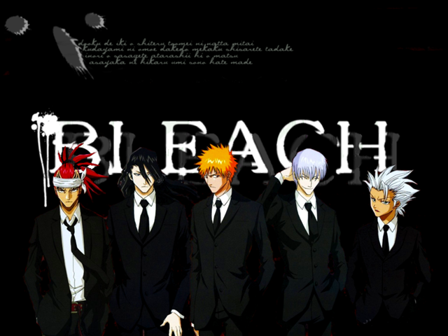 abarai renji, hitsugaya toushirou, ichimaru gin, ishida uryuu, kuchiki byakuya, kurosaki ichigo, bleach, 00s, 5boys, black hair, dark, formal clothes, grey hair, jacket, male focus, multiple boys, necktie, orange hair, red hair, suit, tattoo, white hair