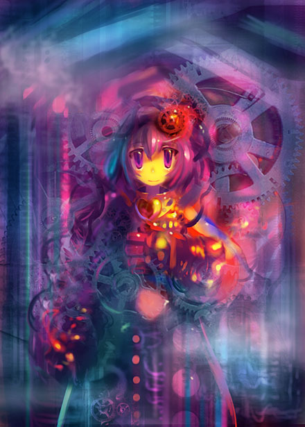 tanaka ken'ichi, komeiji satori, touhou, 1girl, female focus, gears, heart, purple eyes, solo, standing, steampunk