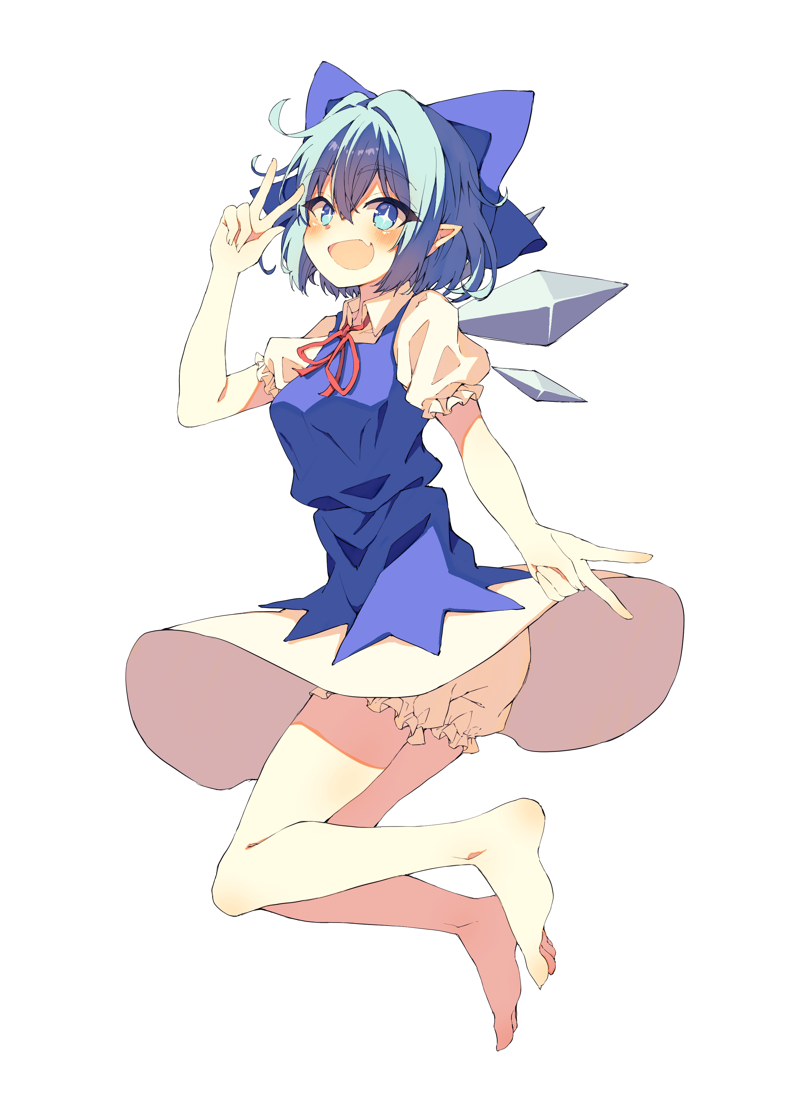 seika okawari, cirno, touhou, absurdres, commentary request, highres, + +, 1girl, bare arms, bare legs, barefoot, bloomers, blue bow, blue dress, blue eyes, blue hair, blush, bow, collared shirt, detached wings, dress, fairy, fang, frilled sleeves, frills, full body, hair bow, hair intakes, ice, ice wings, legs folded, looking at viewer, multiple wings, neck ribbon, pinafore dress, pointy ears, puffy short sleeves, puffy sleeves, red ribbon, ribbon, shirt, short hair, short sleeves, simple background, skin fang, sleeveless, sleeveless dress, smile, solo, underwear, v, w, white background, white bloomers, white shirt, wings