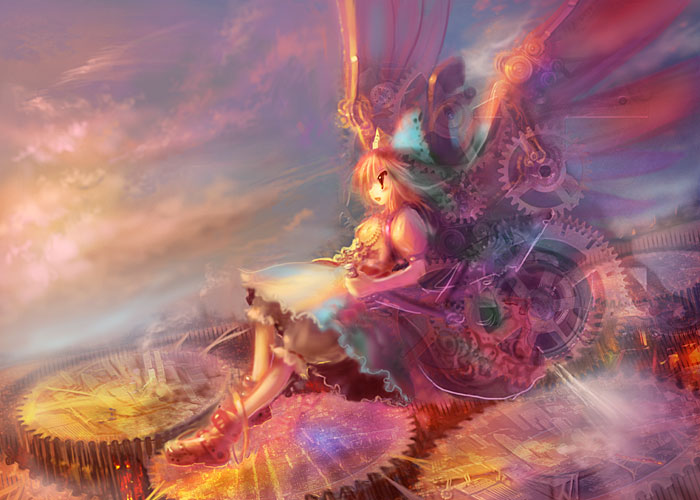 tanaka ken'ichi, reiuji utsuho, touhou, 1girl, bow, female focus, flying, gears, hair bow, outdoors, skirt, sky, solo, steampunk