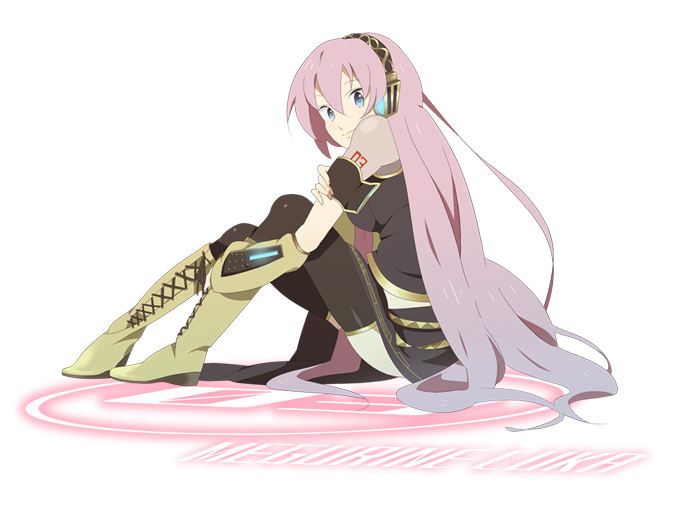 hayato (meromoni), megurine luka, vocaloid, blue eyes, boots, gradient hair, knee boots, long hair, multicolored hair, pink hair, sitting, solo, thighhighs