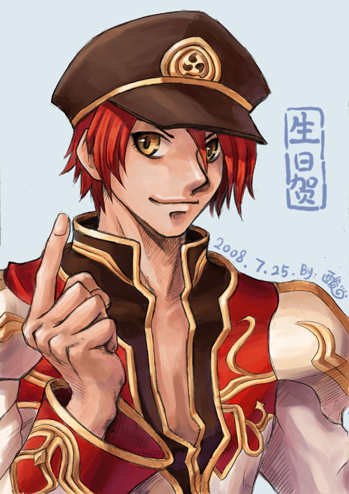 sanmi tenten, high priest (ragnarok online), ragnarok online, commentary request, 1boy, blue background, brown coat, brown hat, closed mouth, coat, dated, fingernails, gold trim, hat, index finger raised, long sleeves, looking at viewer, male focus, multicolored coat, peaked cap, red coat, red hair, short hair, simple background, smile, solo, two-tone coat, upper body, white coat