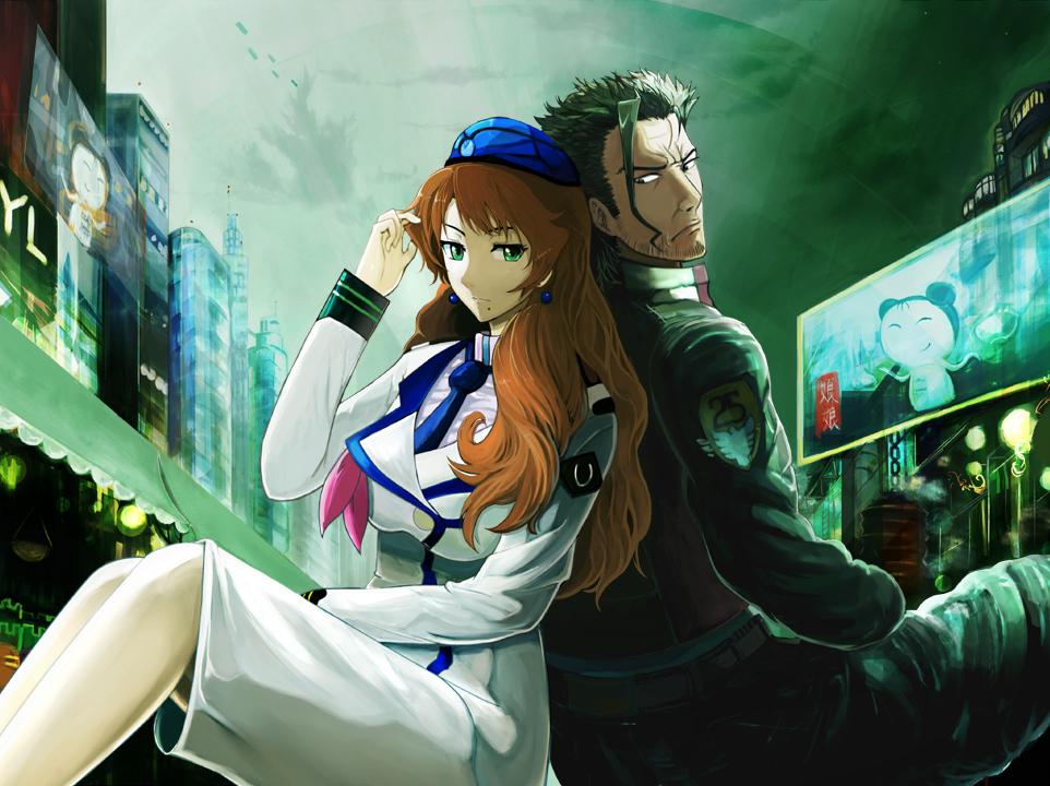 shinneko, catherine glass, ozma lee, macross, macross frontier, bad id, bad pixiv id, 00s, 1boy, 1girl, black hair, brown hair, city, couple, green eyes, hat, hetero, jacket, military, military uniform, realistic, s.m.s., science fiction, sitting, spacecraft