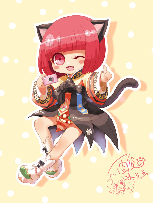 sanmi tenten, soul linker (ragnarok online), ragnarok online, commentary request, 1girl, :d, animal ears, black skirt, blunt bangs, blush stickers, bob cut, boots, brown shirt, camera, cat ears, cat girl, cat tail, full body, holding, holding camera, index finger raised, long sleeves, looking at viewer, one eye closed, open mouth, pink eyes, red hair, shirt, short hair, skirt, smile, solo, tail, white boots, yellow background