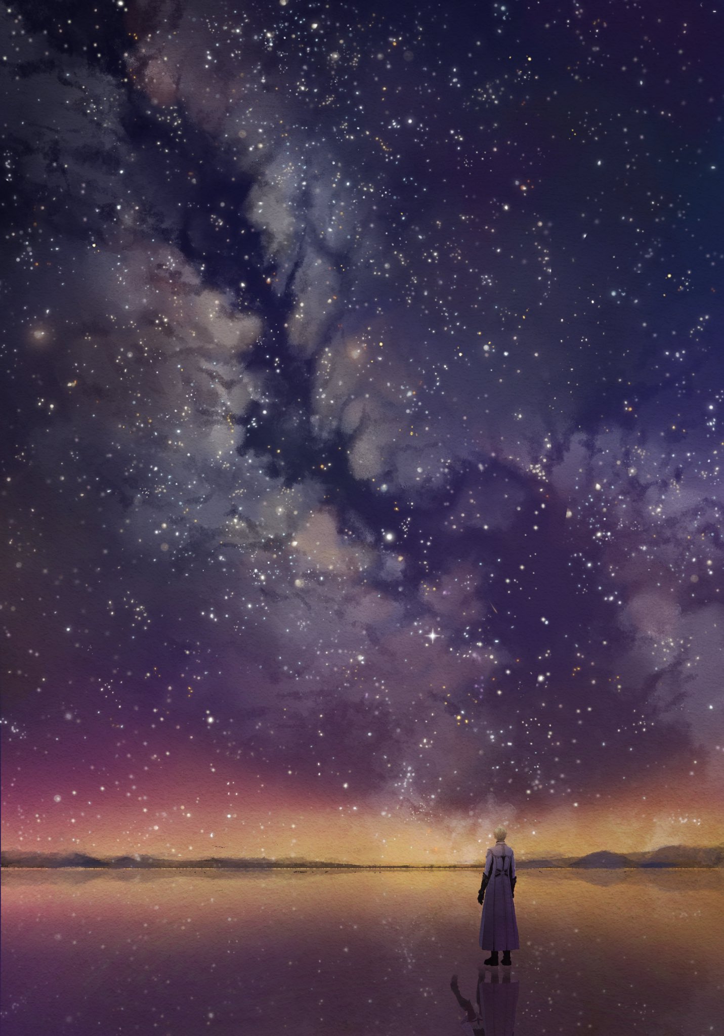 protagonist (love and deepspace), xavier (love and deepspace), love and deepspace, highres, 1boy, 1girl, black boots, black gloves, boots, coat, different reflection, facing away, from behind, full body, gloves, grey hair, hachicohhh, long coat, male focus, milky way, night, night sky, reflection, short hair, sky, star (sky), starry sky, white coat