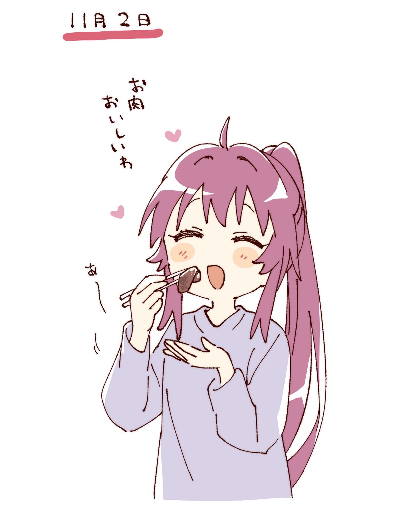 namori, sugiura ayano, yuruyuri, hashtag-only commentary, highres, translation request, 1girl, :d, ahoge, blush stickers, chopsticks, cropped torso, eating, food, holding, holding chopsticks, long hair, long sleeves, looking at viewer, meat, open mouth, ponytail, purple hair, purple shirt, shirt, simple background, smile, solo, white background