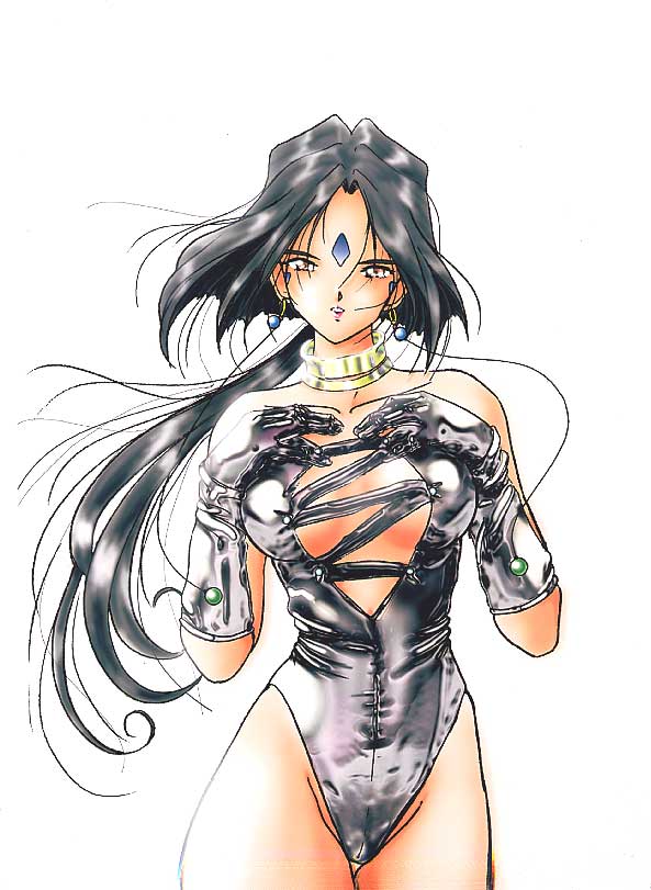 peorth (aa megami-sama), aa megami-sama, earrings, elbow gloves, facial mark, forehead mark, gloves, jewelry, leather, leather gloves, leather leotard, necklace