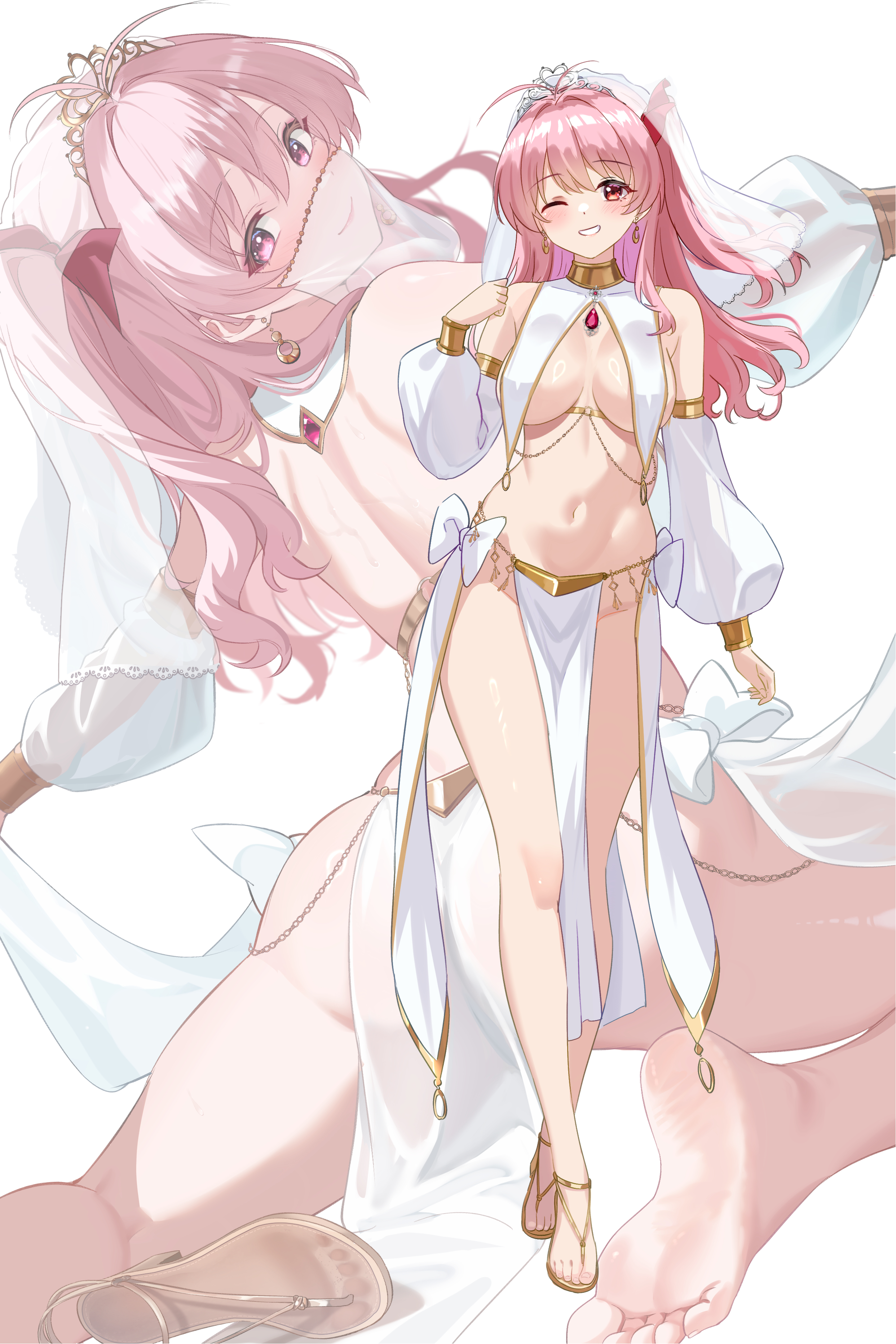 gher5, sakihata rimi, chaos;head, science adventure, absurdres, highres, 1girl, antenna hair, ass, back, bare shoulders, breast curtains, breasts, closed mouth, crossed legs, dancer, detached sleeves, earrings, feet, from behind, full body, gold trim, grin, hand up, jewelry, large breasts, long hair, long sleeves, looking at viewer, looking back, median furrow, mouth veil, multiple views, navel, no panties, one eye closed, one side up, outstretched arms, pelvic curtain, pink hair, puffy long sleeves, puffy sleeves, red eyes, revealing clothes, sandals, see-through clothes, see-through sleeves, simple background, smile, soles, standing, stomach, sweat, thighs, toes, unworn sandals, veil, watson cross, white background, white veil