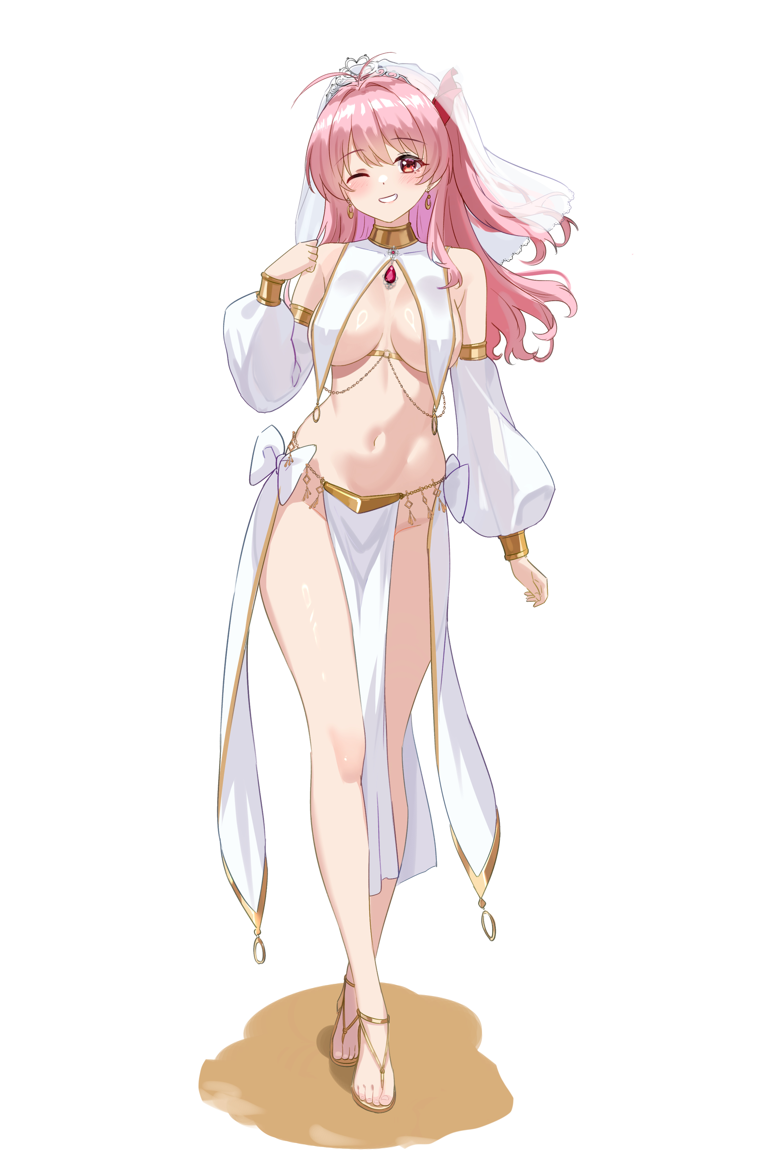 gher5, sakihata rimi, chaos;head, science adventure, absurdres, highres, 1girl, antenna hair, bare shoulders, breast curtains, breasts, crossed legs, dancer, detached sleeves, earrings, full body, gold trim, grin, hand up, jewelry, large breasts, long hair, long sleeves, looking at viewer, navel, no panties, one eye closed, one side up, pelvic curtain, pink hair, puffy long sleeves, puffy sleeves, red eyes, revealing clothes, sandals, see-through clothes, see-through sleeves, simple background, smile, solo, standing, stomach, thighs, veil, watson cross, white background, white veil