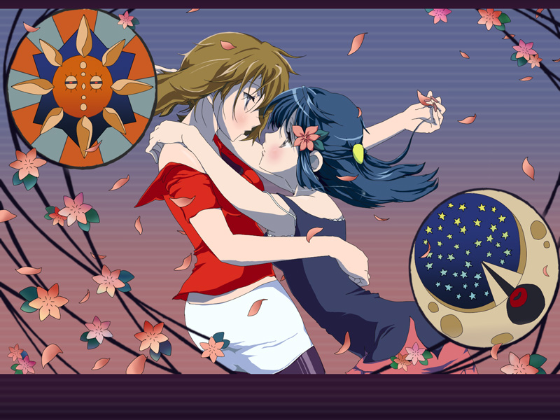fuji (girl), dawn (pokemon), lunatone, may (pokemon), solrock, kannazuki no miko, nintendo, pokemon, bad id, bad pixiv id, 2girls, bike shorts, blue hair, blush, brown hair, eye contact, flower, gen 3 pokemon, hair flower, hair ornament, hug, looking at another, miko embrace, multiple girls, no headwear, parody, petals, pokemon (creature), yuri